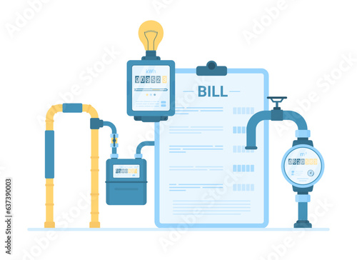 Utility services for household vector illustration. Cartoon gas, water and electric meters to control and measure consumption of resources, home equipment for measurement utility bill for payment