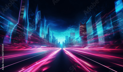 Abstract beautiful night scene with neon pink lights and blurred car lights. Light trails with motion blur effect  long time exposure. Generative AI.