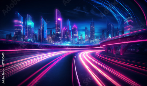 Abstract beautiful night scene with neon pink lights and blurred car lights. Light trails with motion blur effect, long time exposure. Generative AI.