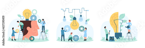 Productive training, development of sustainable projects set vector illustration. Cartoon tiny people teach effective smart and green solutions, improve skills, learning mind process of employee