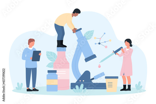 Scientific medical clinical research, analysis in laboratory for pharmacology vector illustration. Cartoon tiny people looking at lab microscope to study sample from pipette, scientists analyze tests