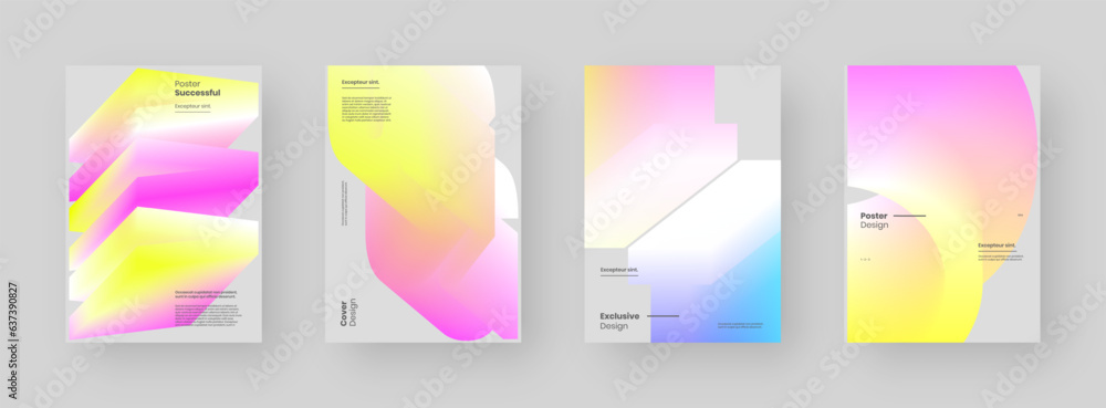 Abstract Posters Design collection. Vertical A4 format. Modern placard kit. Strict and discreet brochure. Colorful 3d form composition