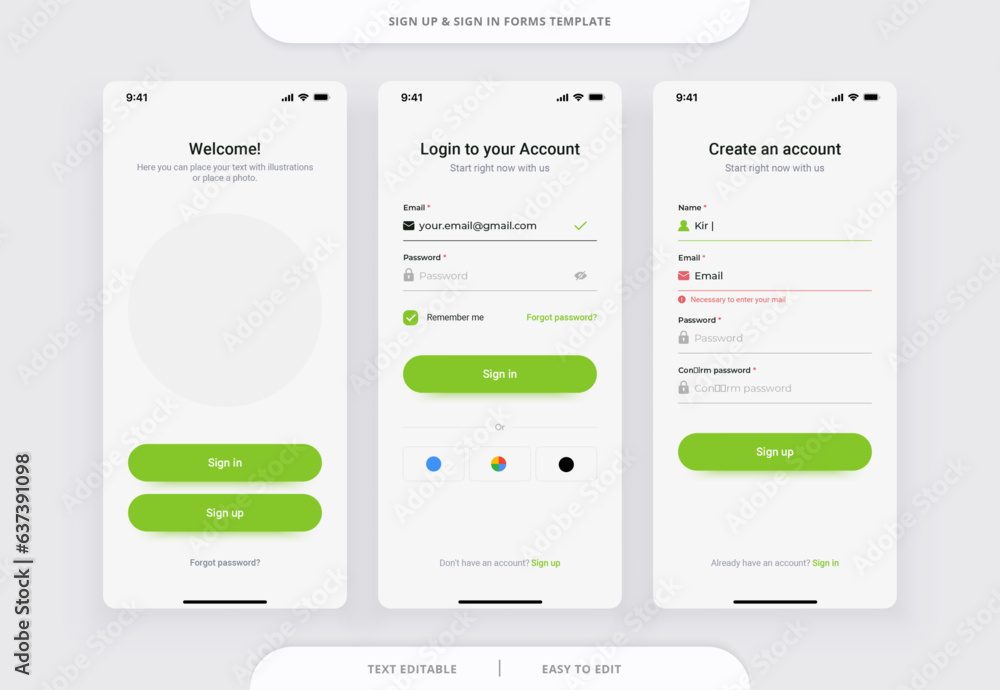 Sign Up and Sign In forms. Registration and login and password forms page for mobile app. Vector template for your design.