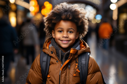 Afro-americal black school boy with backpack. School concept.