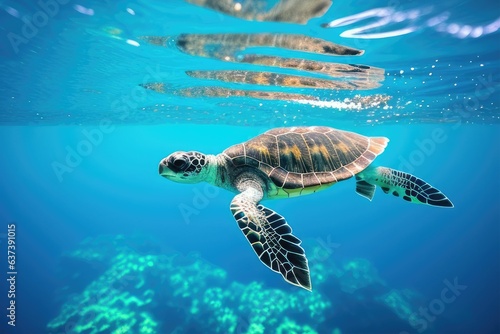 Baby turtle swimming in the clear blue ocean its way to freedom created with generative ai 