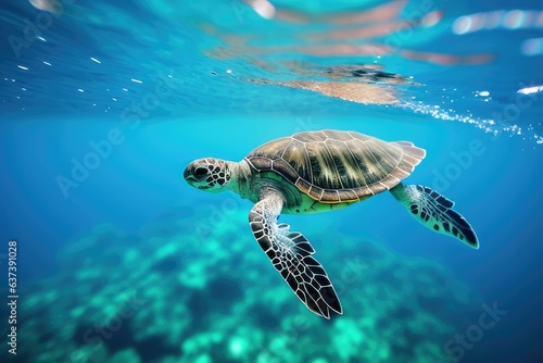 Baby turtle swimming in the clear blue ocean its way to freedom created with generative ai 