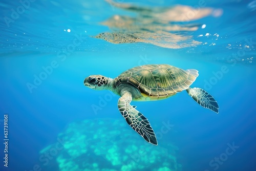 Baby turtle swimming in the clear blue ocean its way to freedom created with generative ai  © HalilKorkmazer