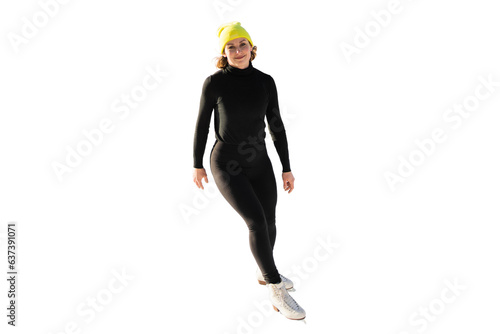 Skating is a young woman in comfortable sportswear and a yellow hat, a winter sport, full height. Transparent background, png.