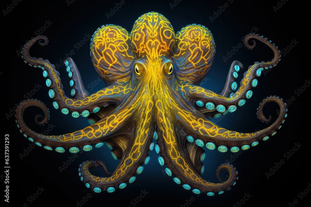 Obraz premium neon octopus on deep blue background tattoo style drawing