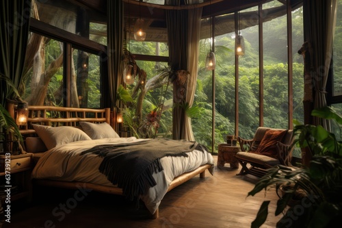 Eco green boho style interior of hotel room in bungalow in jungle