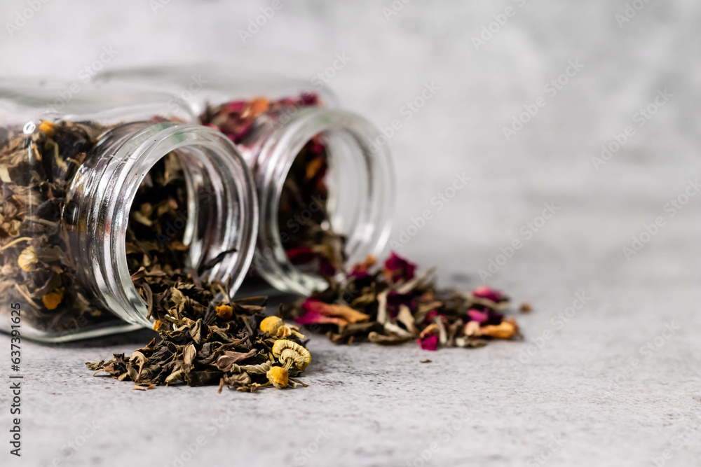 custom made wallpaper toronto digitalClose up shot of dry tea in glass jar with defocused background and copy space.