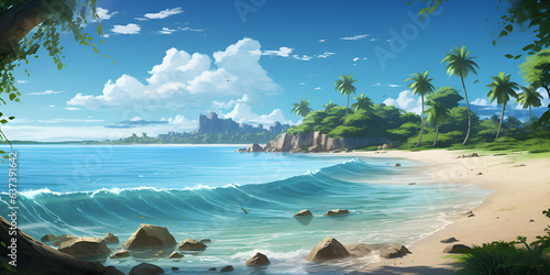 Enchanting Myrtle Beach Scene In Hayao Miyazaki's Style,Ocean Paradise Images,Bamboo island