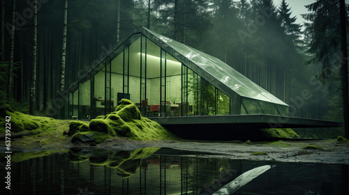 Futuristic home in the woods, green forest, moss, nature-inspired architecture, bioarchitecture