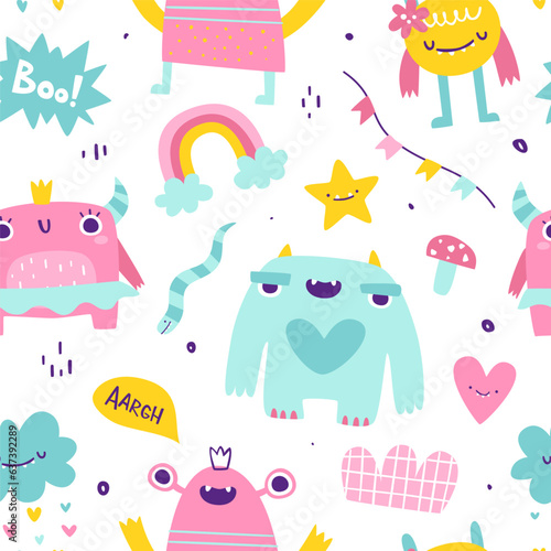 Cute girly pattern with funny monsters. Seamless vector print with abstract monster girls for baby textile.