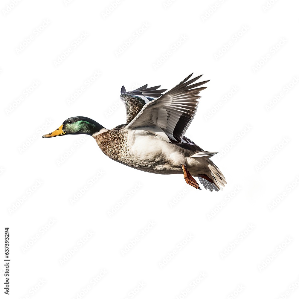 Obraz premium A majestic duck soaring through the sky with wings gracefully outstretched created with Generative AI technology