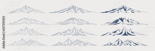 Set of hand drawn vector silhouettes of mountains. Rocky range landscape shape. Hiking mountains peaks, hills and cliffs. Isolated contour vector set. Vintage. Monochrome