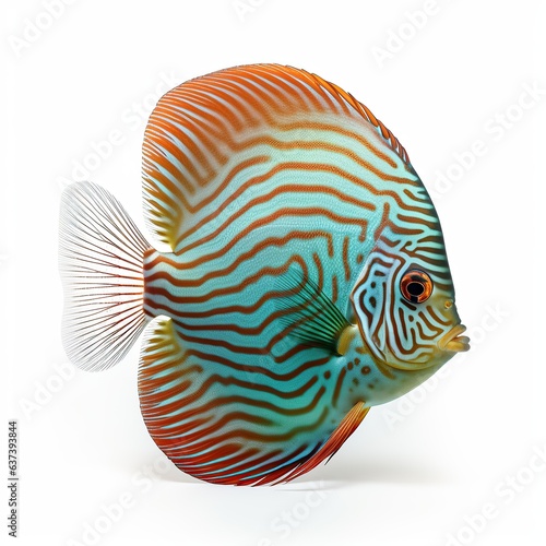 A vibrant blue and orange Discus fish swimming against a clean white background created with Generative AI technology