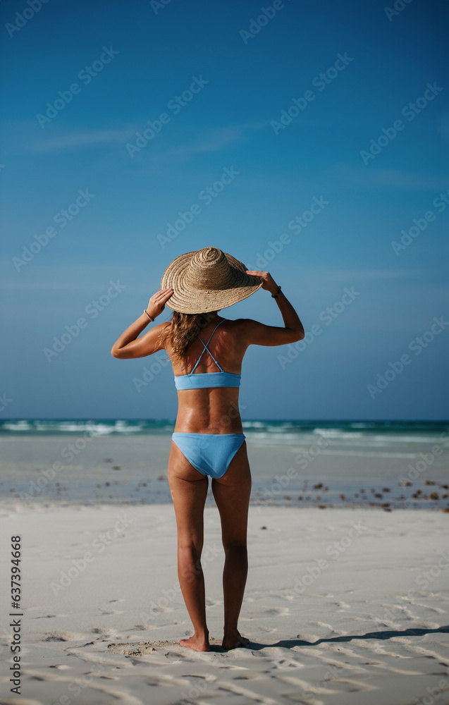 Rear view of a beautiful slim woman standing on the beach in a bikini and a straw hat. Rear view of a beautiful slim woman standing on the beach in a bikini and a straw hat.