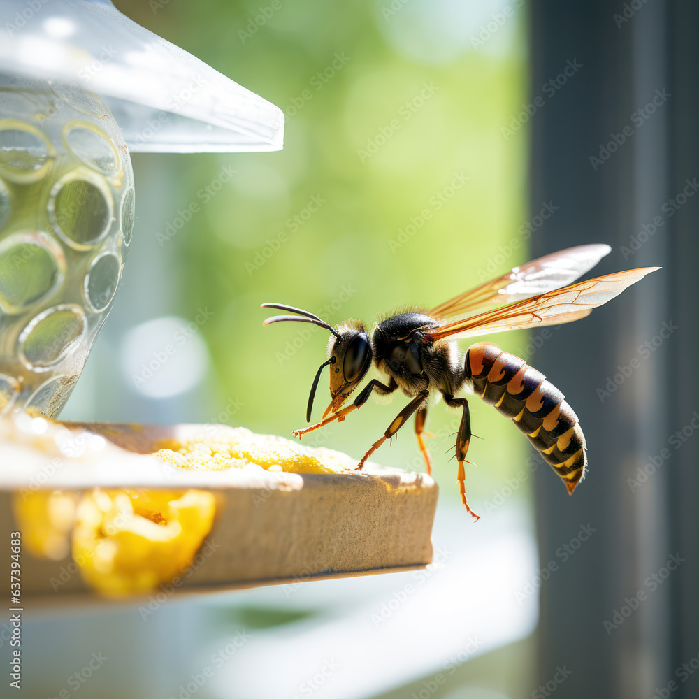Naklejka premium lifestyle photo closeup potter wasp flying near feeder