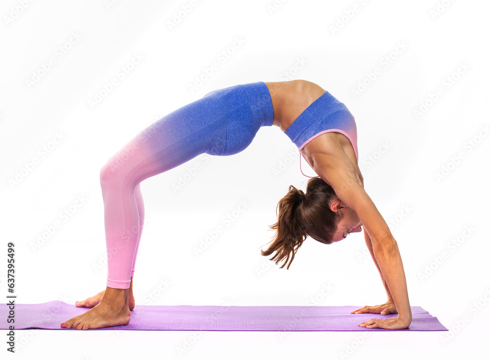 Happy young athletic woman doing gymnastics - isolated on white background Happy young athletic woman doing gymnastics - isolated on white background