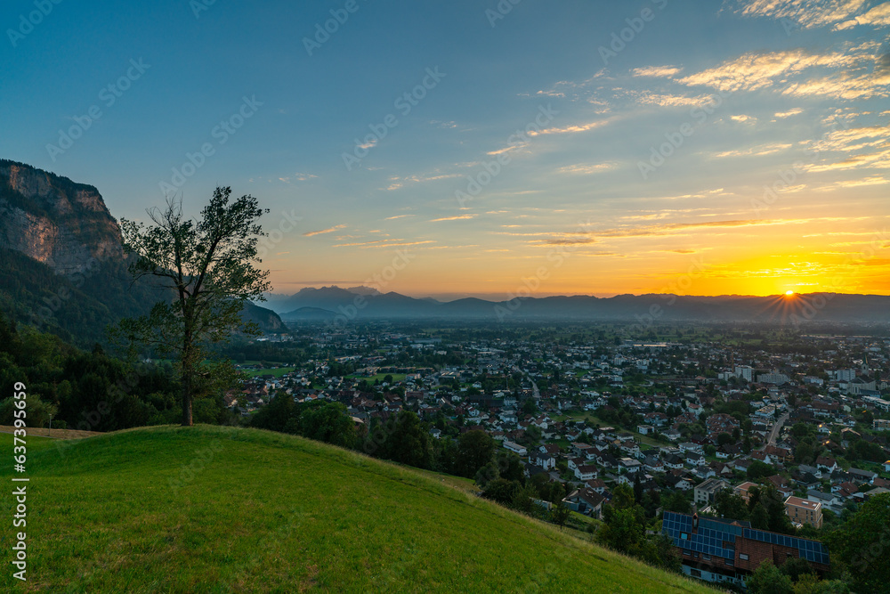 Sonnenuntergang über den Schweizer Bergen im Rheintal, einzelner Baum mit Blick auf Dornbirn, Vorarlberg, Austria. leuchtendes Abendrot, tolle Stimmung mit roten Wolken über den grünen Wiesen