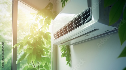 hanging air conditioner on the wall with green leaves, the concept of natural freshness and coolness.