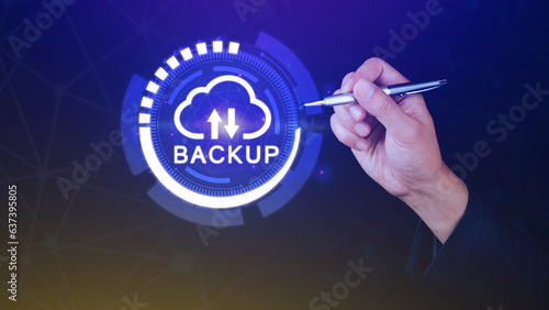 Fototapeta Naklejka Na Ścianę i Meble -  Backup files and data on internet with cloud storage technology that sync all online devices and computers with network connection, protection against loss, Business touch screen back up icon concept