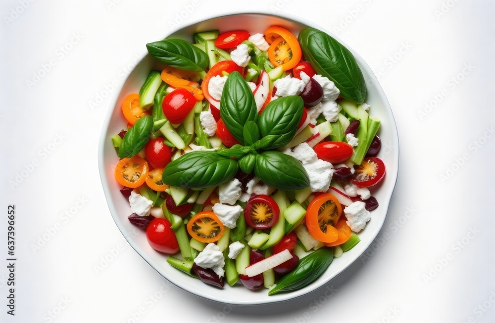 Beautiful salad plate with feta cheese, tomatoes and isolated on white background , top view