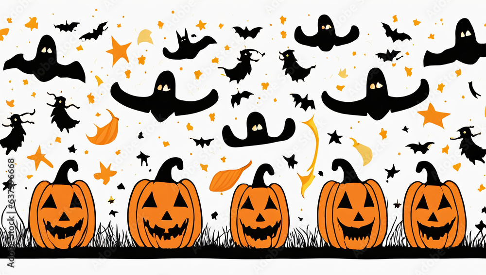 A whimsical parade of jack-o'-lanterns with various expressions, marching under a starry sky and surrounded by playful ghosts A whimsical parade of jack-o'-lanterns with various expressions, marching under a starry sky and surrounded by playful ghosts