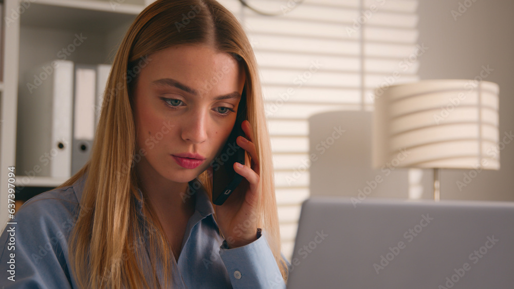 Caucasian girl talk to client on cellphone use laptop discuss deal woman businesswoman consultant agent at home office working with computer make order consultation support customer talking phone call Caucasian girl talk to client on cellphone use laptop discuss deal woman businesswoman consultant agent at home office working with computer make order consultation support customer talking phone call
