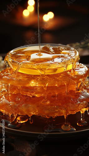 Honeycomb glistening with amber-hued honey. Viscosity droplets of honey slowly cascade down the comb on a plate.