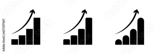 Increasing graph stats icon set of three in black. Growing graph set. Vector illustration Growth success arrow icon.  Chart increase symbols in simple black 