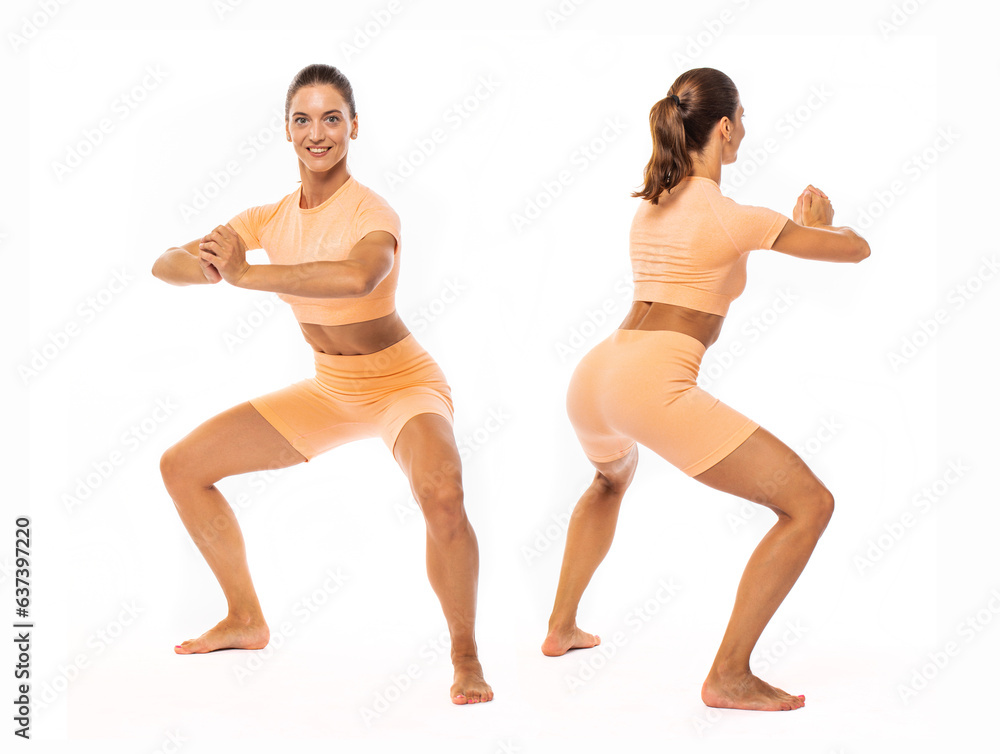 Obraz premium Happy young athletic woman doing gymnastics - isolated on white background