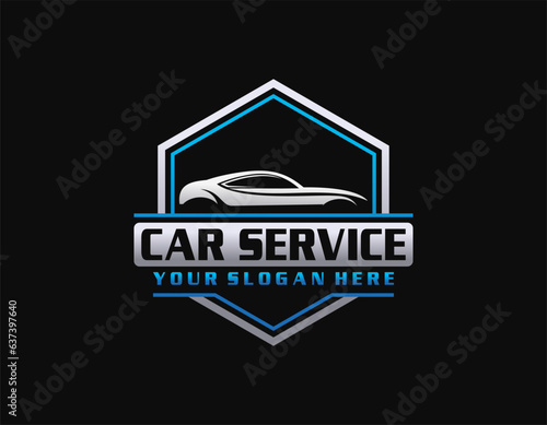 Auto car dealer logo emblem. Sports car silhouette icon. Motor vehicle dealership badge. Automotive showroom garage sign. Vector illustration.