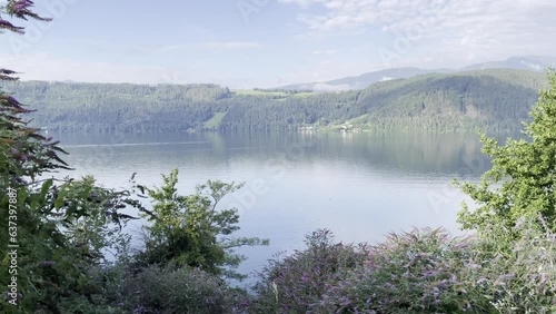 The calm morning sunshine reflects off the surface of Millstätter See - still camera