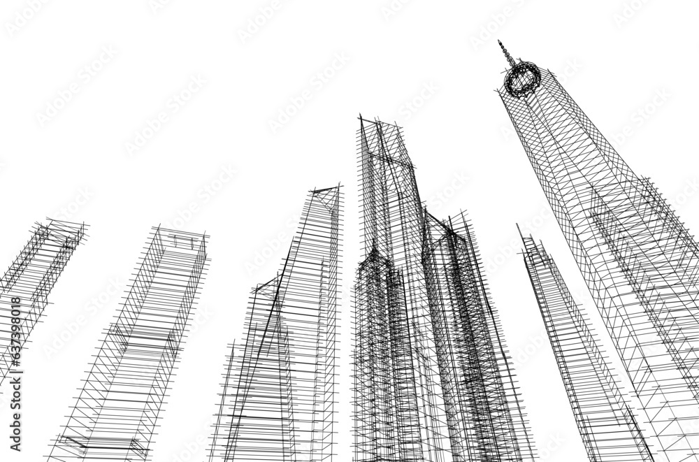 City skyline sketch drawing 3d illustration 3d rendering