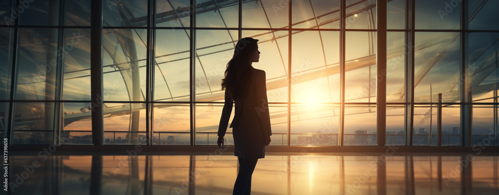 silhouette of a woman at sunset in a modern office building, legal AI