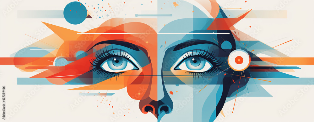 abstract futuristic background with big female eyes and colored lines, intellect and mind concept, legal AI