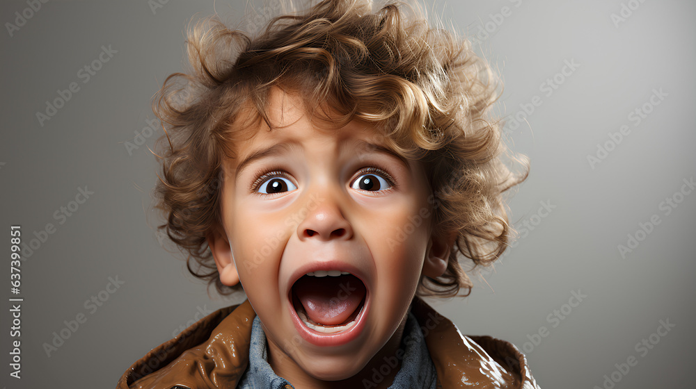 Surprised little boy in a brown jacket on a gray background Surprised little boy in a brown jacket on a gray background