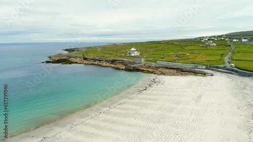 Aerial view of the wide sandy Kilmurvey Beach on Inishmore island, Ireland photo