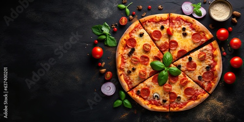 Top view of freshly delicious homemade pizza with cheese and tomato on rustic wooden table Italian restaurant delicacy