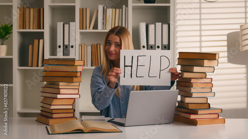 Confused tired student girl teen high school pupil exhausted stressed woman with books laptop studying in university collage library showing banner help homework learning trouble overwork education
