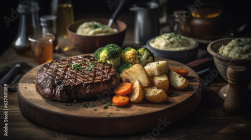 Juicy sizzling steak with grill marks on a rustic wooden board  paired with roasted vegetables and mashed potatoes  creates an appetizing and gourmet dinner.