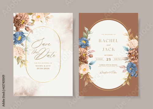 set of wedding invitation card template with dry rose flowers and leaves decoration

