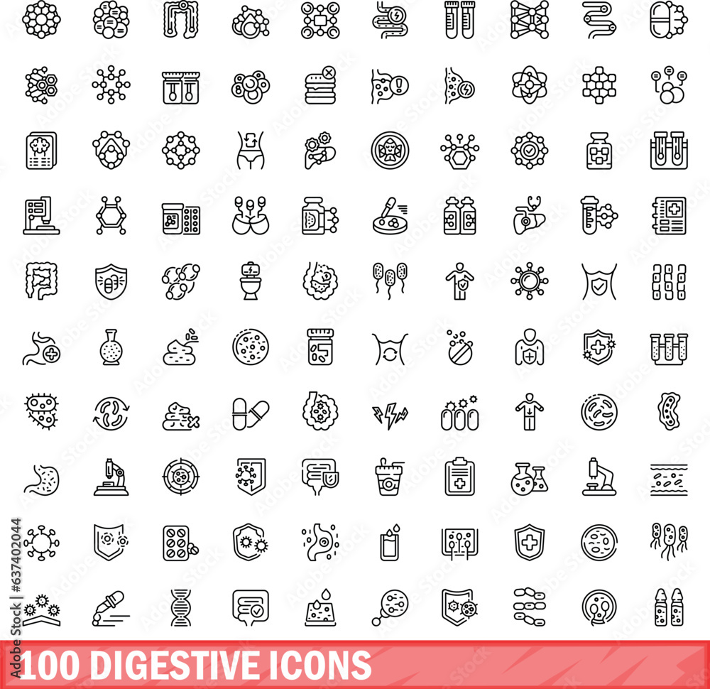 Digestion Pictogram 100 digestive icons set. Outline illustration of 100 digestive icons ...