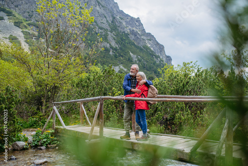 Portrait of beautiful active senior couple hiking together in autumn mountains.