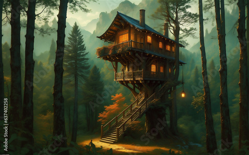 Artistic concept painting of a beautiful tree house, background illustration. Mysterious house in the forest, fairy tale. © Frozen Design
