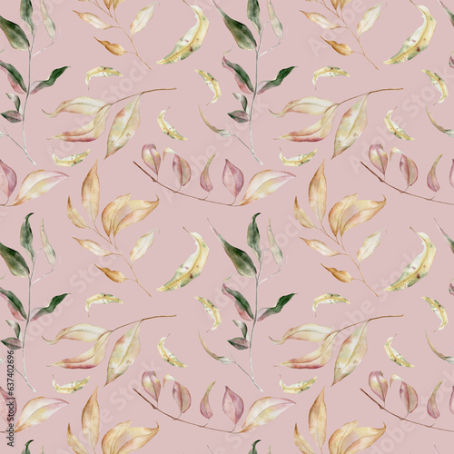 Handpainted watercolor seamless pattern with autumn leaves
