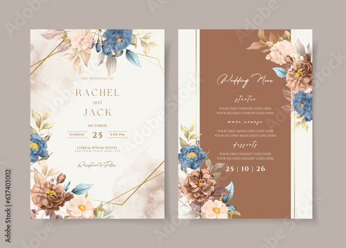 set of wedding invitation card template with dry rose flowers and leaves decoration	