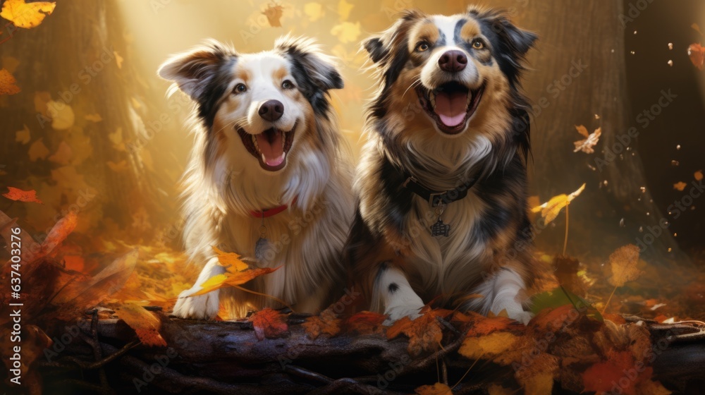 Two dogs are sitting on a log in the leaves